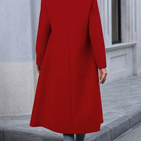 Red Casual Women's Woolen Coat With Button Fastening - Picture 6 of 6